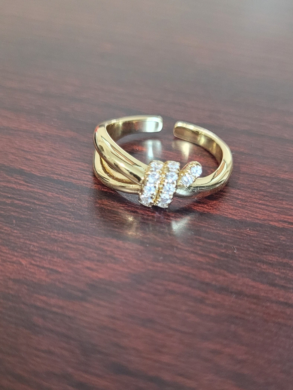 Gold Tone Knot Ring with Clear CZ - Women's Jewelry